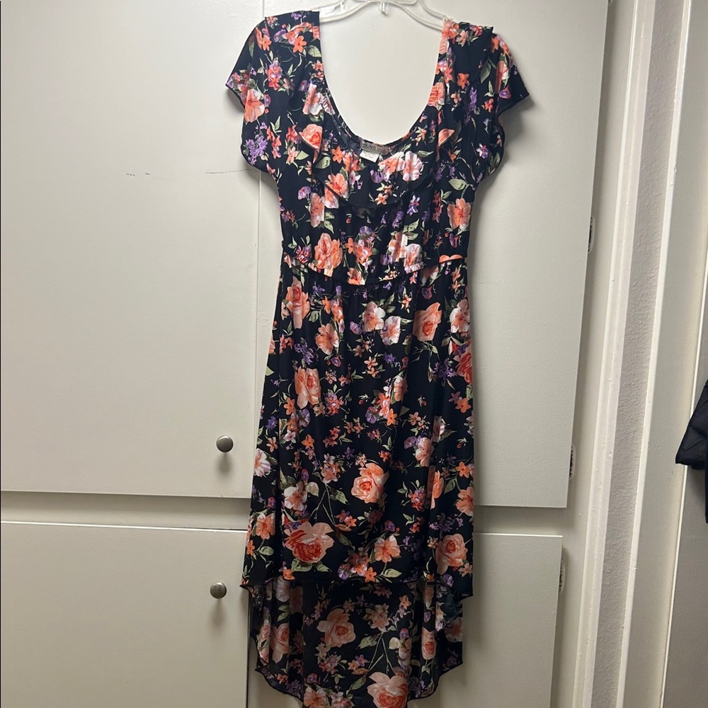 Black Floral High-Low Scoop Dress with Pink & Coral Blooms